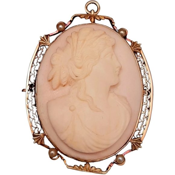 Antique Cameo Brooch Pendant 10K Gold Frame Filigree with Natural Pearl